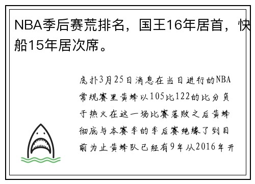 NBA季后赛荒排名，国王16年居首，快船15年居次席。