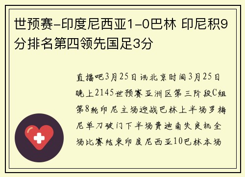 世预赛-印度尼西亚1-0巴林 印尼积9分排名第四领先国足3分