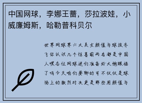 中国网球，李娜王蔷，莎拉波娃，小威廉姆斯，哈勒普科贝尔